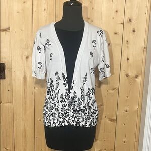 Women’s White Short-Sleeve Cardigan with Black Floral Print & Bulit in under top